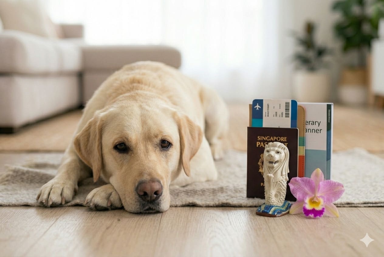 Dog with Singapore items and travel papers