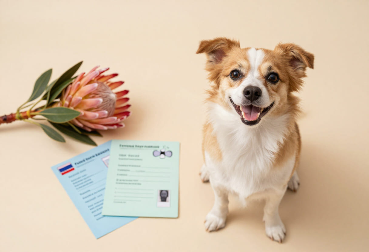 Dog with South African items and travel papers