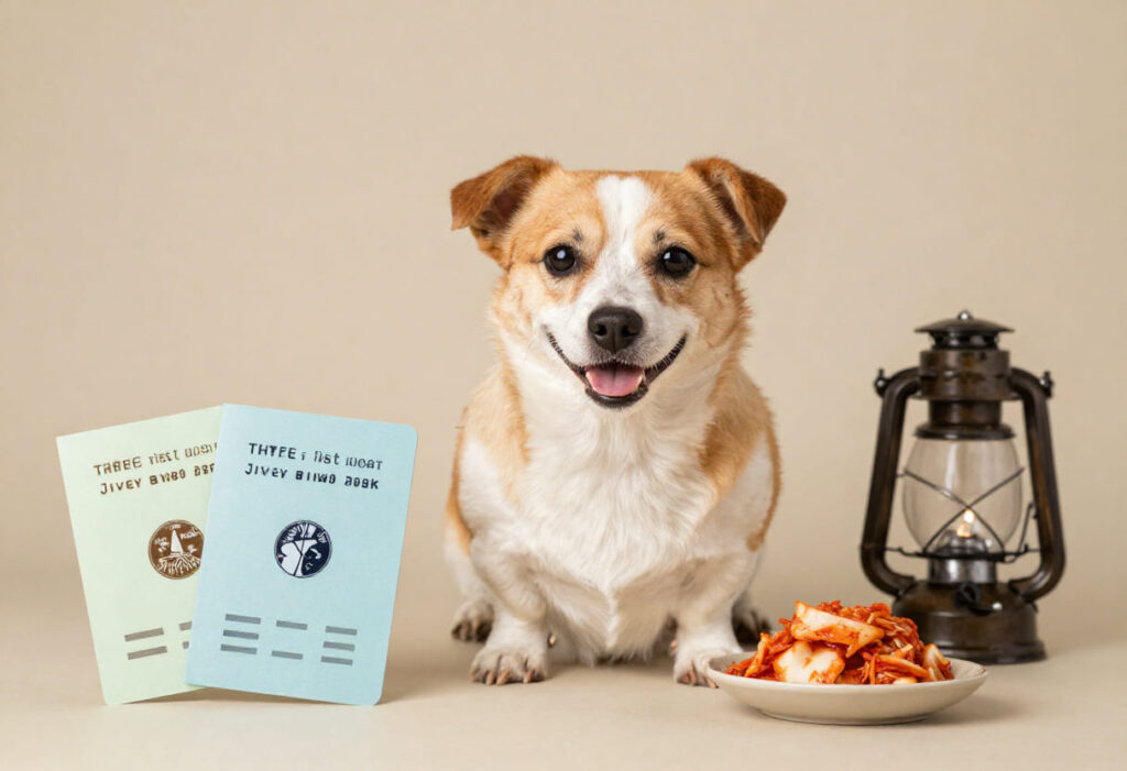 Dog with Korean items and travel papers