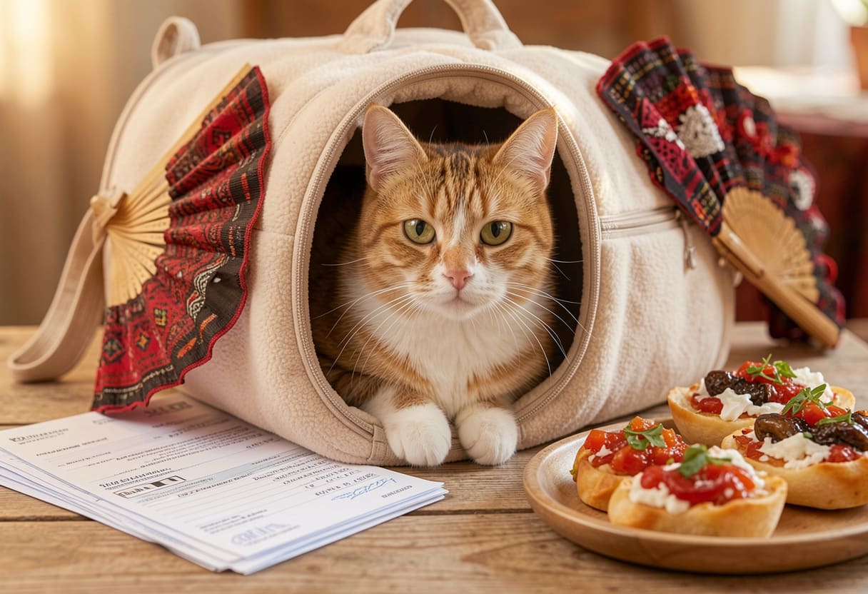 Cat with Spanish items and travel papers