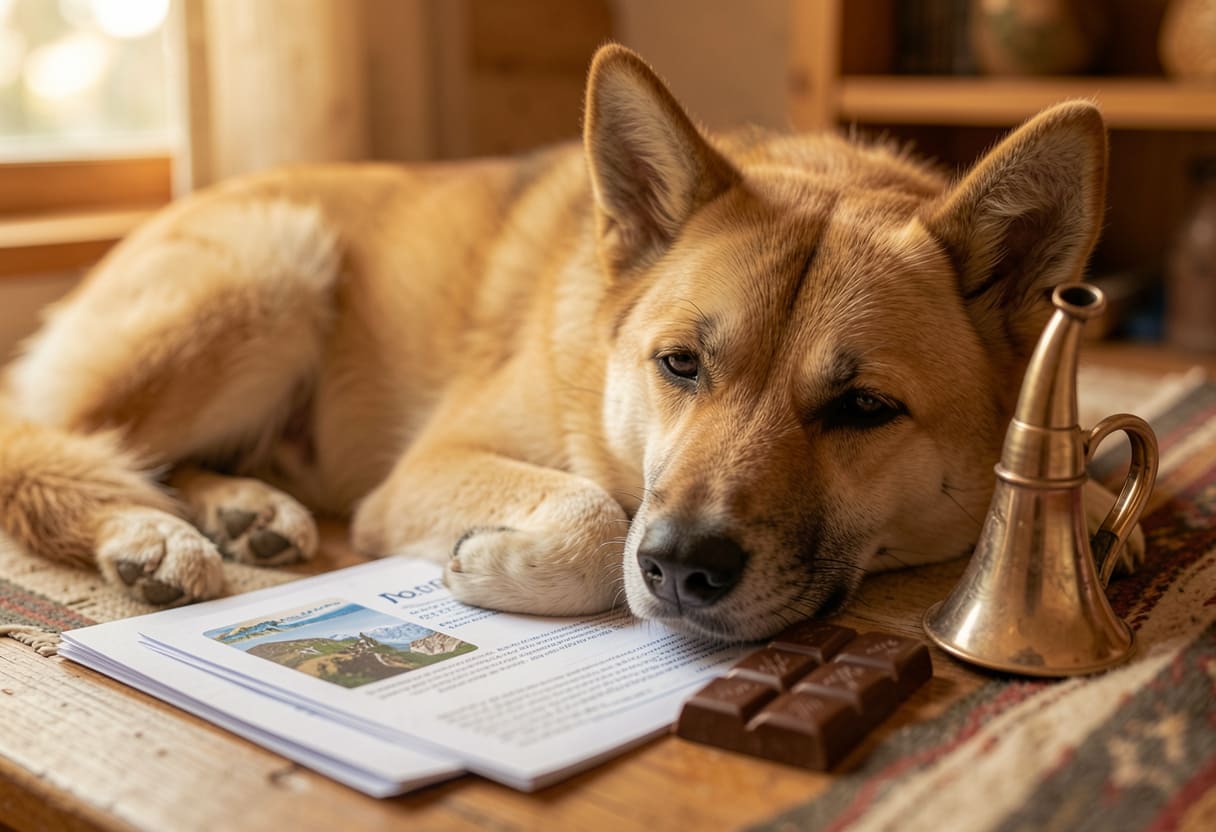 Dog with Swiss items and travel papers