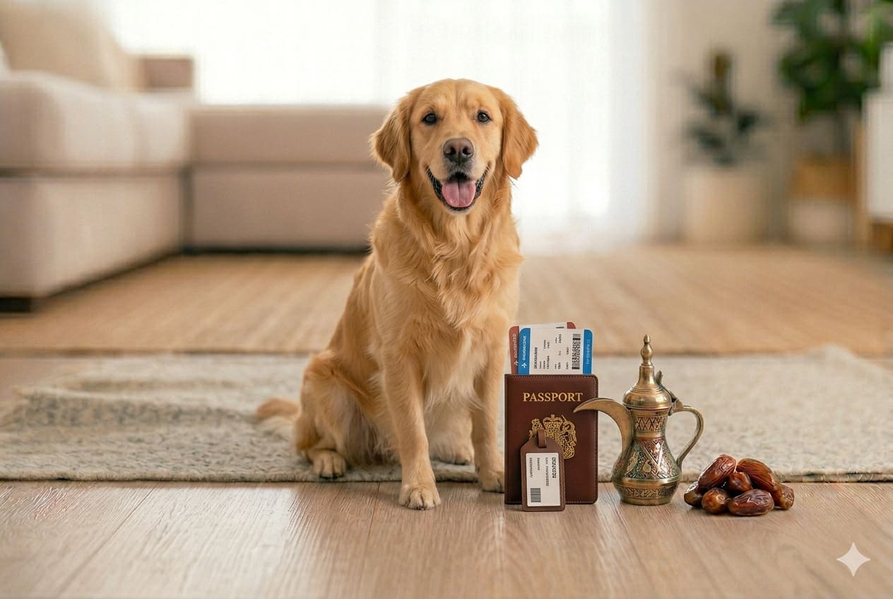 Dog with UAE items and travel papers