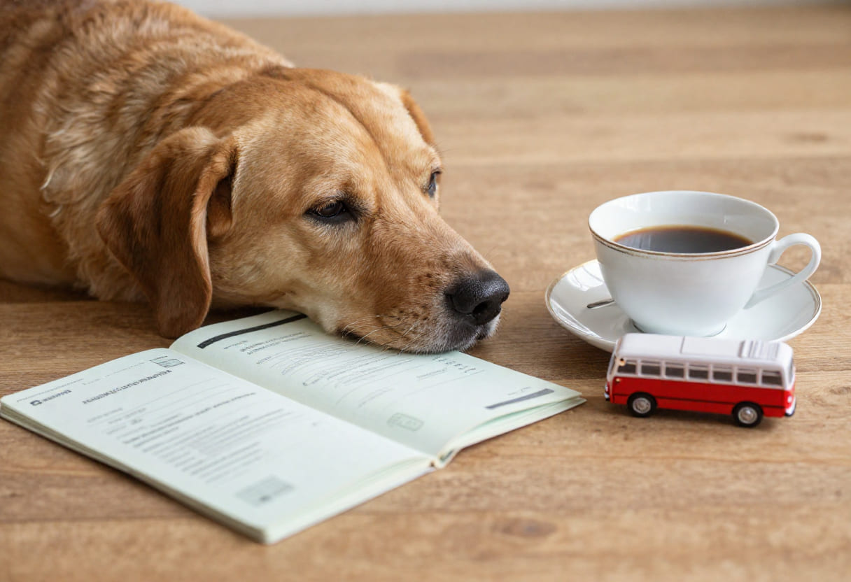 Dog with UK items and travel papers