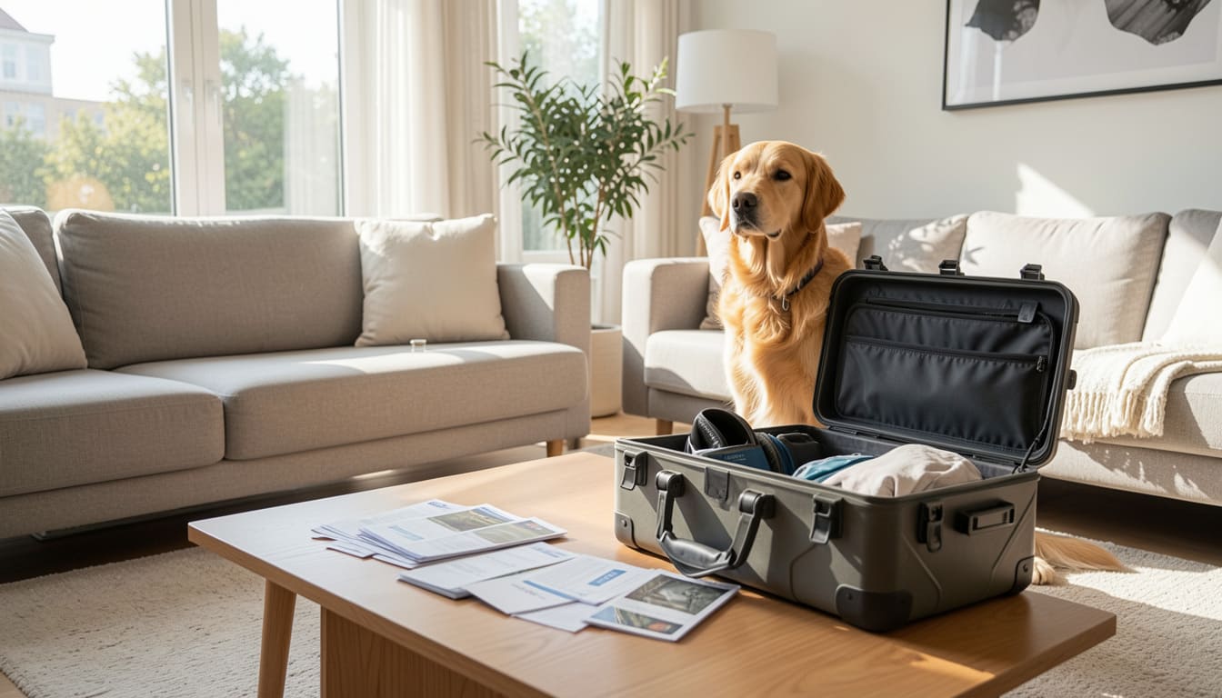 Golden retriever sitting next to an IATA travel crate with travel documents on a table