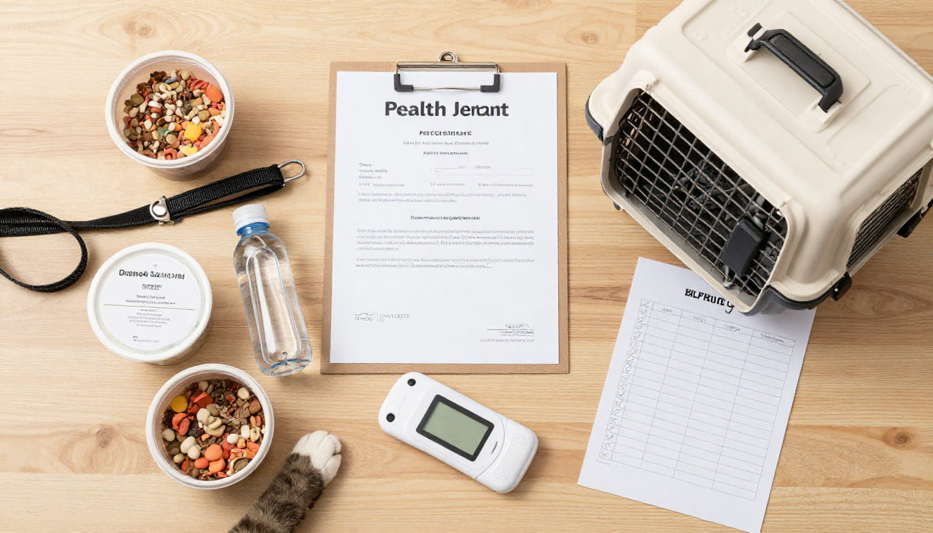Flat lay of pet travel essentials on a wooden table including a health certificate, carrier, leash, and checklist with a cat paw reaching into frame