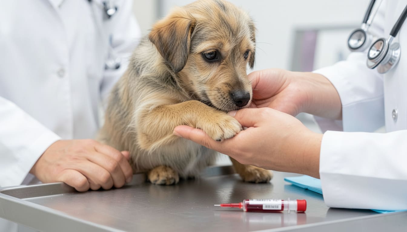 Veterinarian holding a small dog's paw during a blood draw for a rabies titer test