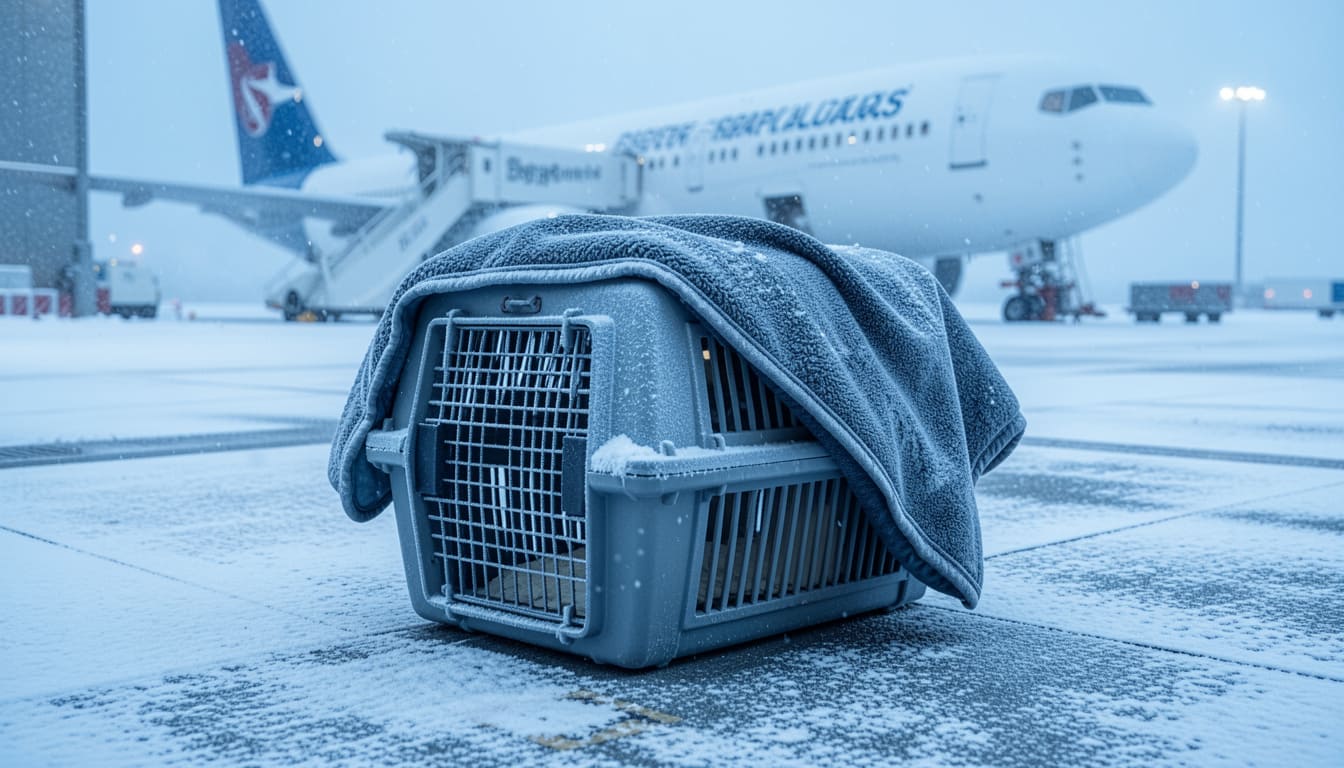 Pet travel crate on a snow-dusted airport cargo platform with an aircraft in the background