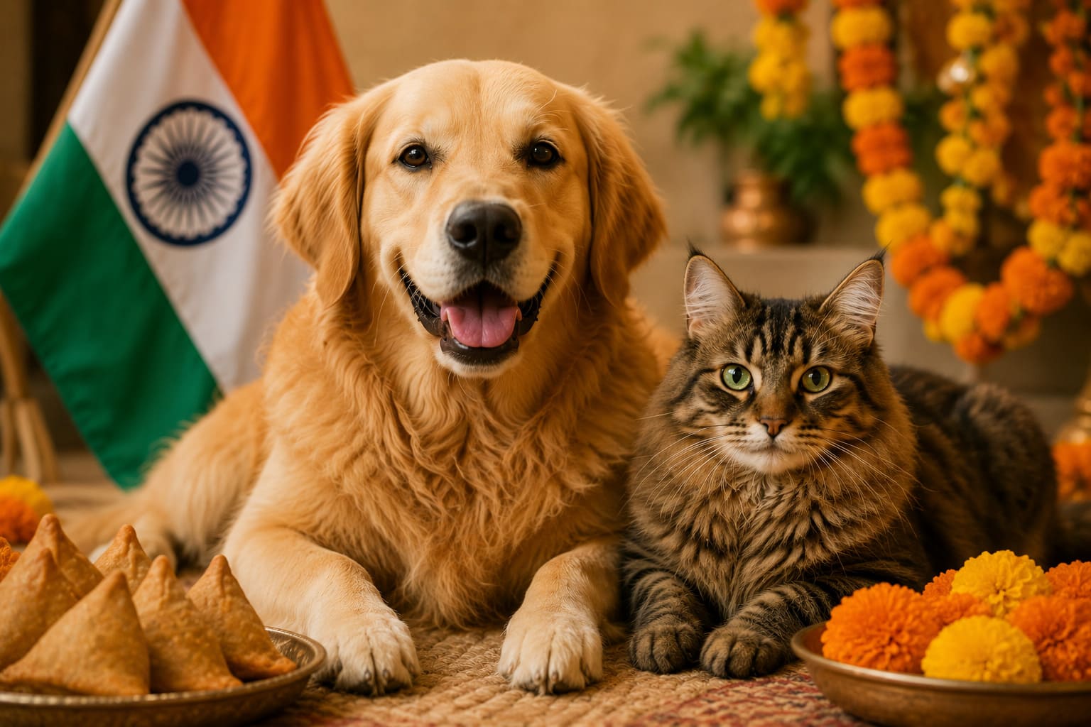 Dog and cat with Indian items for pet shipping from Canada to India