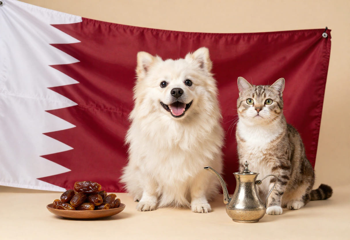 Dog and cat with Qatari items for pet shipping from Canada to Qatar