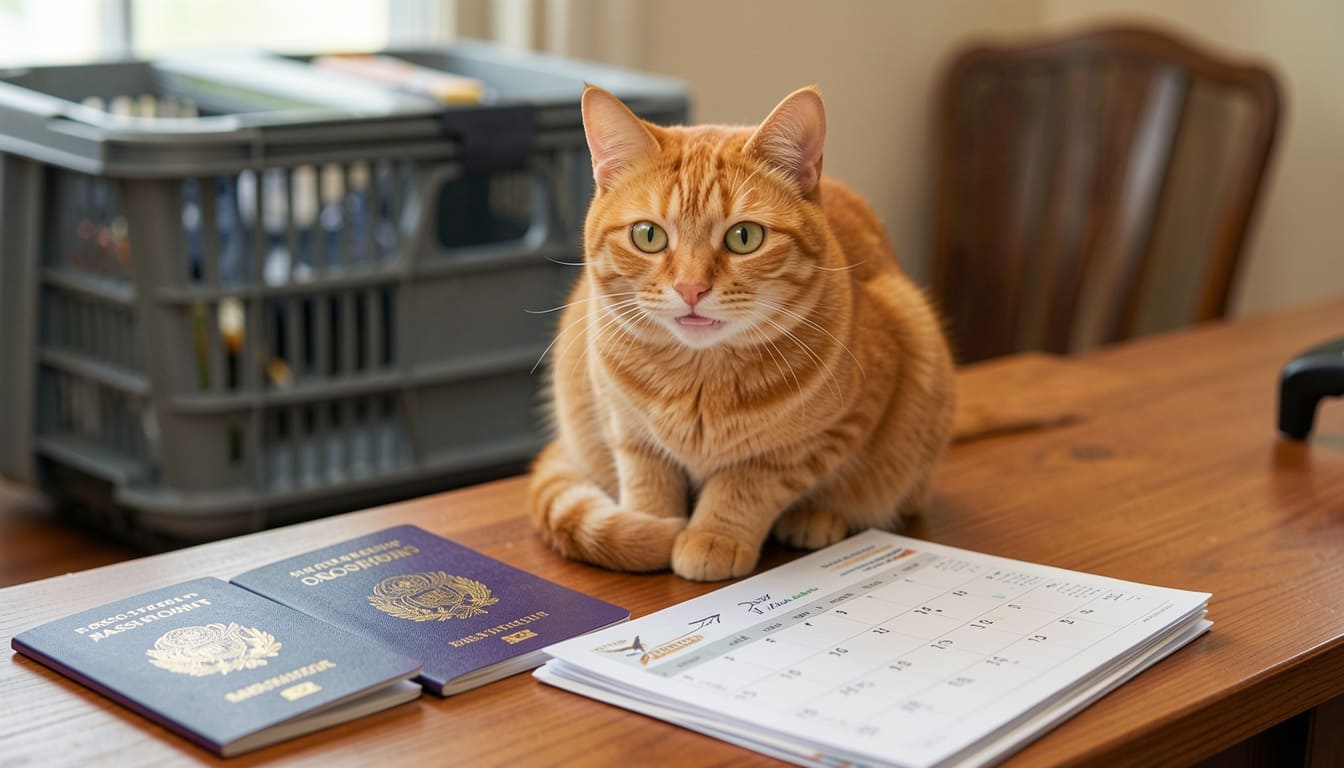 Cat sitting beside a calendar and travel documents on a sunlit desk