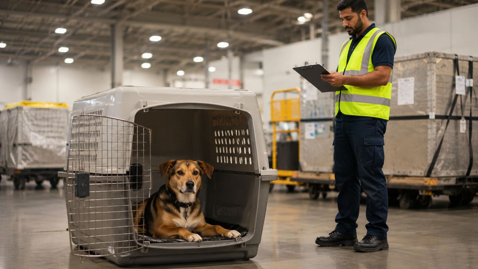 Dog resting in an IATA crate at an airport cargo facility while a handler reviews paperwork nearby