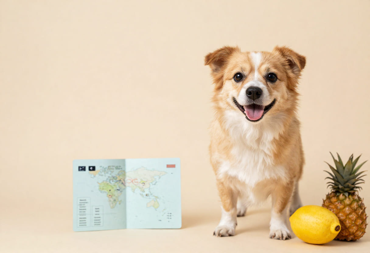Dog with Brazilian items and travel papers