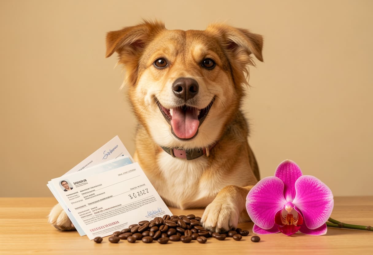 Dog with Colombia items and travel papers
