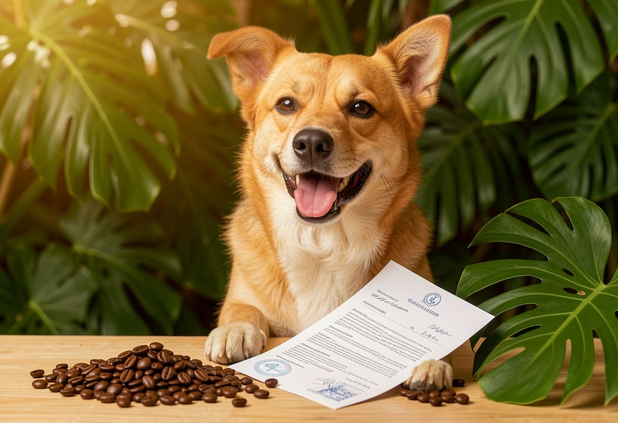 Dog sitting next to a travel journal with a Costa Rica route map and coffee beans