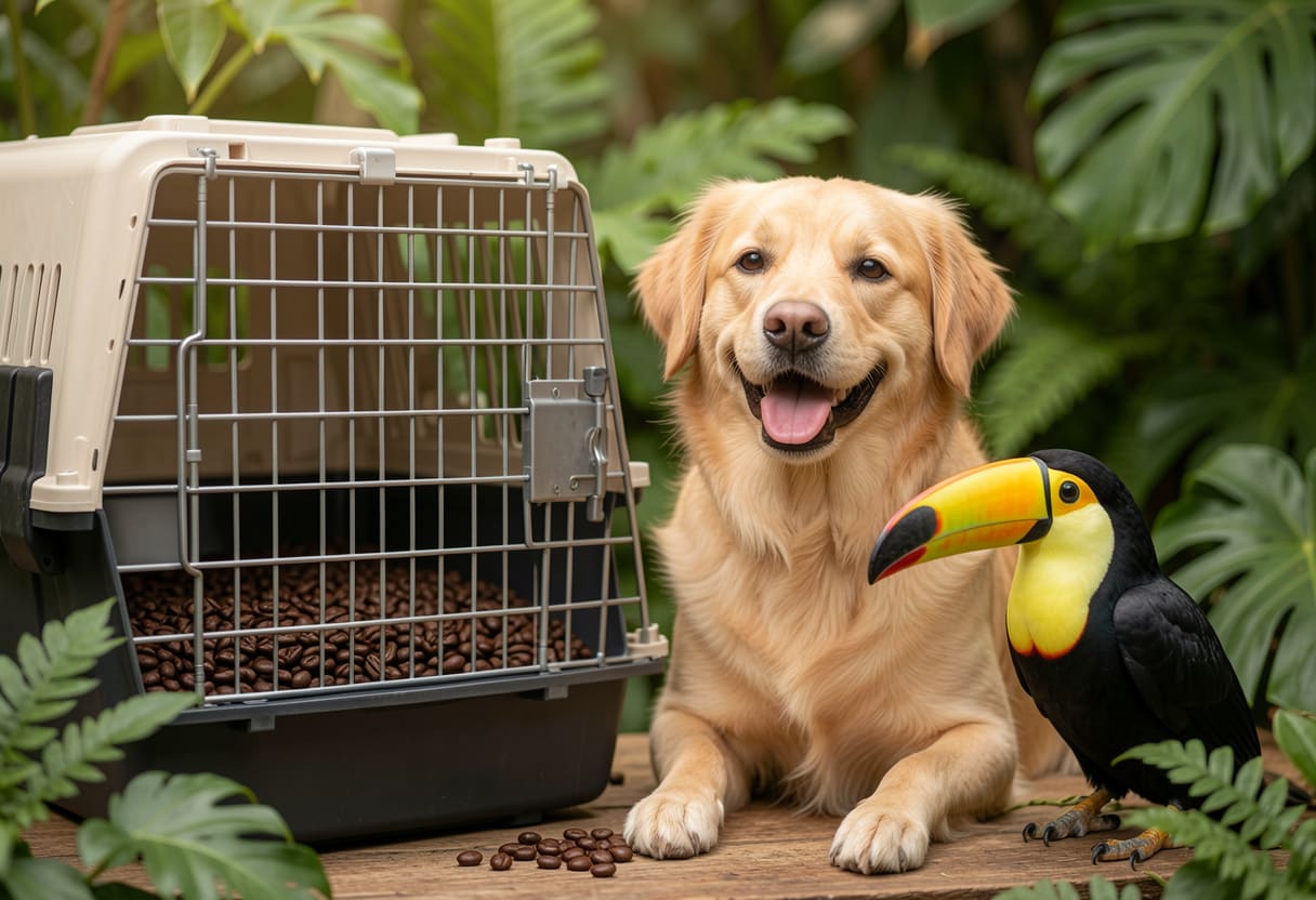Dog sitting beside a travel crate surrounded by tropical plants and a toucan