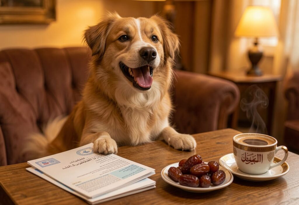 Dog with Saudi items and travel papers