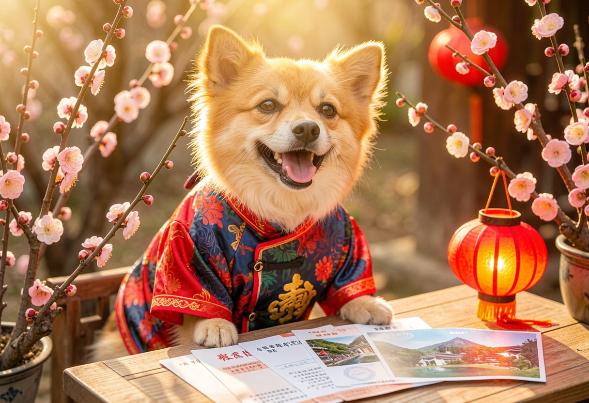 Dog with Taiwan items and travel papers