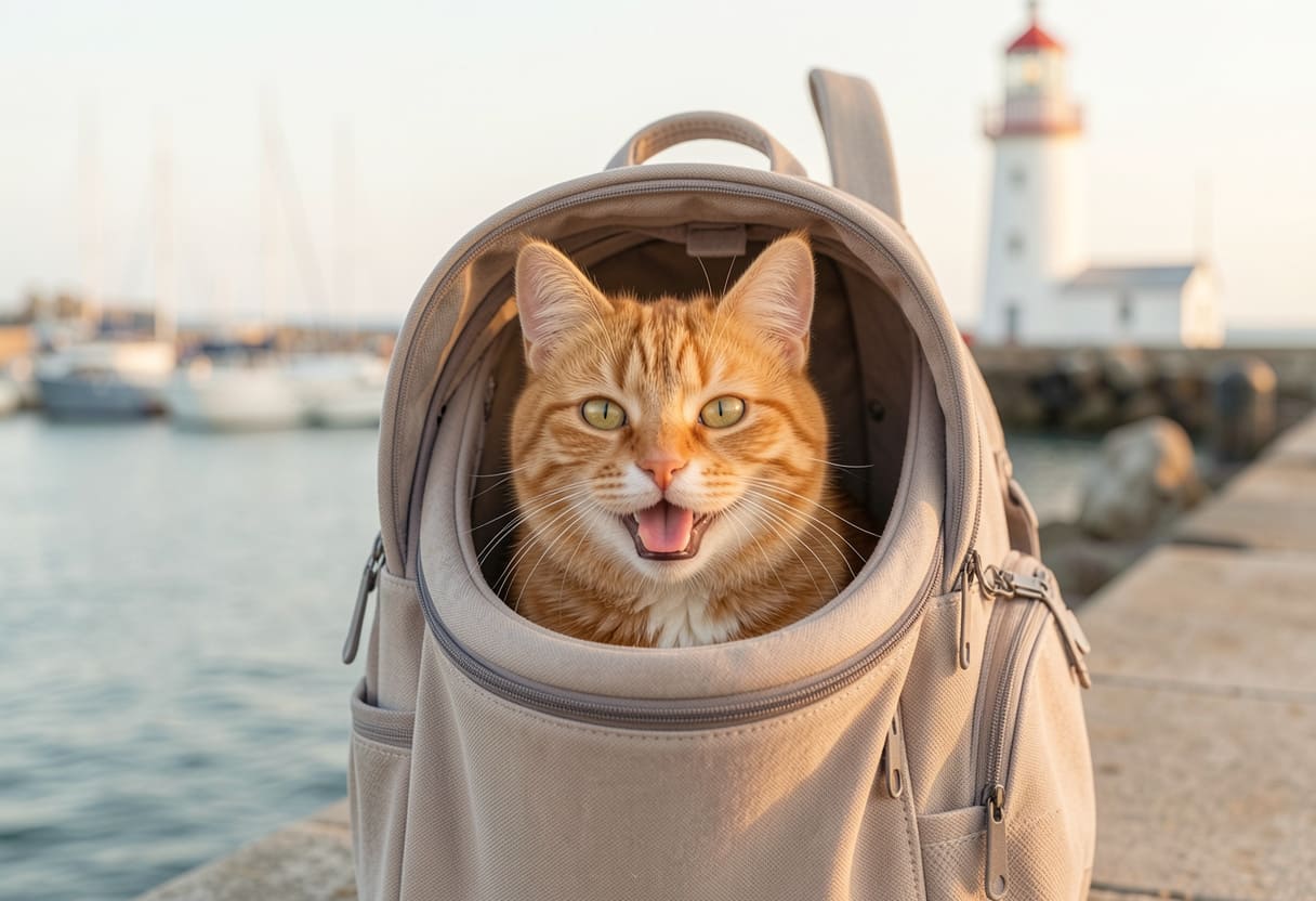 Cat in a carrier with a Maritime coastal backdrop