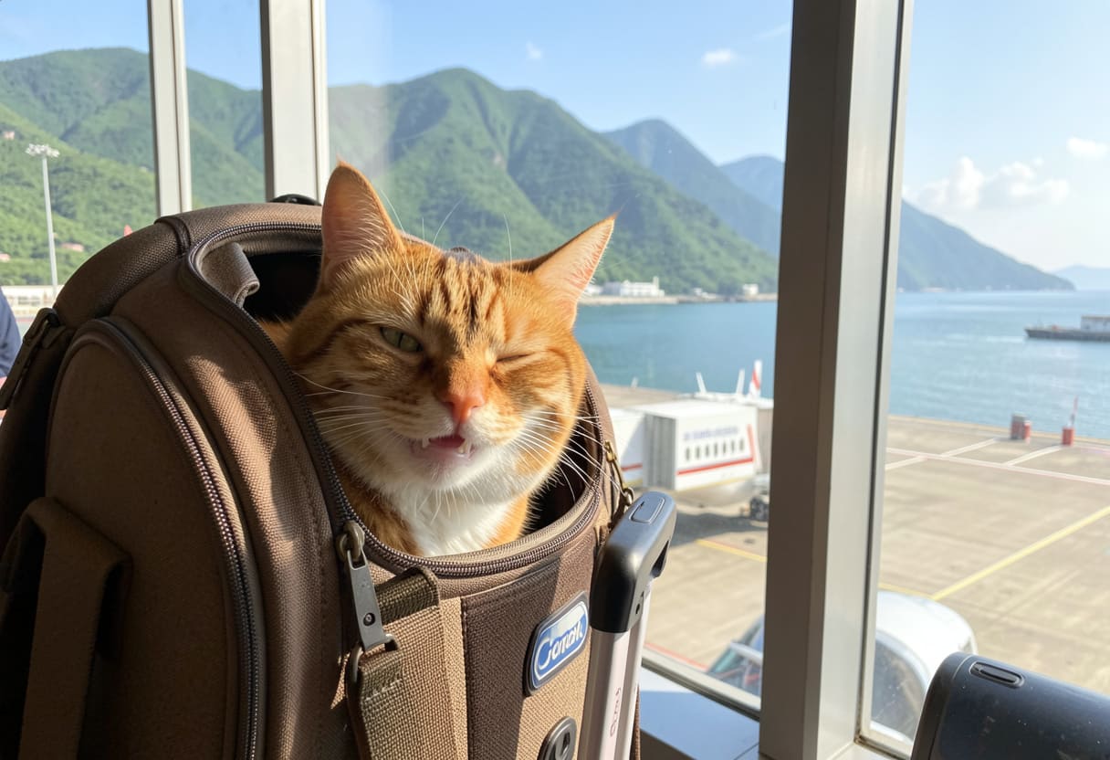 Cat in a carrier with a coastal British Columbia backdrop