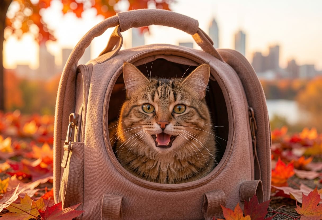 Cat in a carrier with an Ontario backdrop
