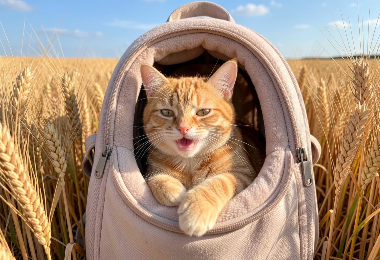 Cat in a carrier with a Prairie backdrop