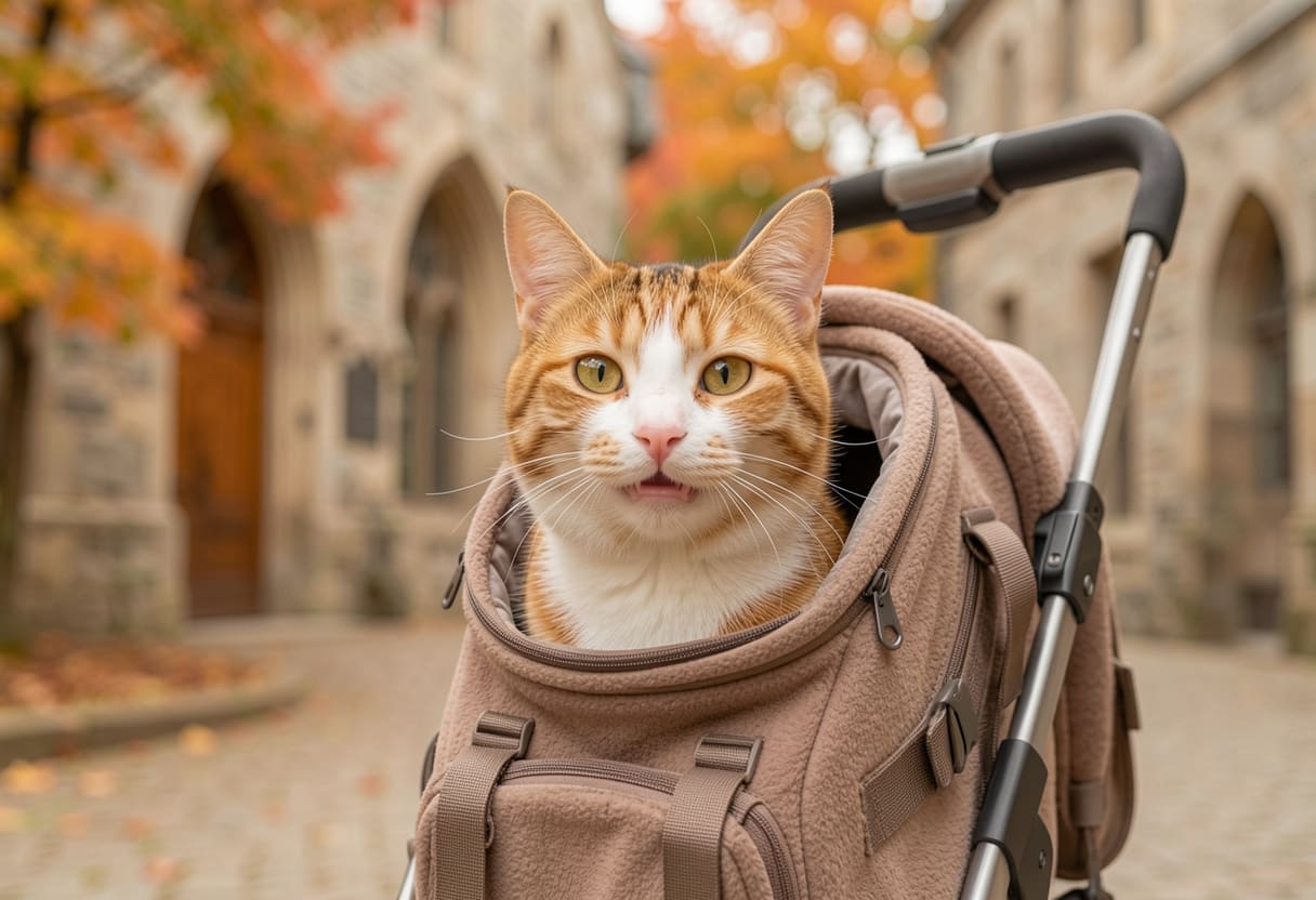 Cat in a carrier with a Quebec backdrop
