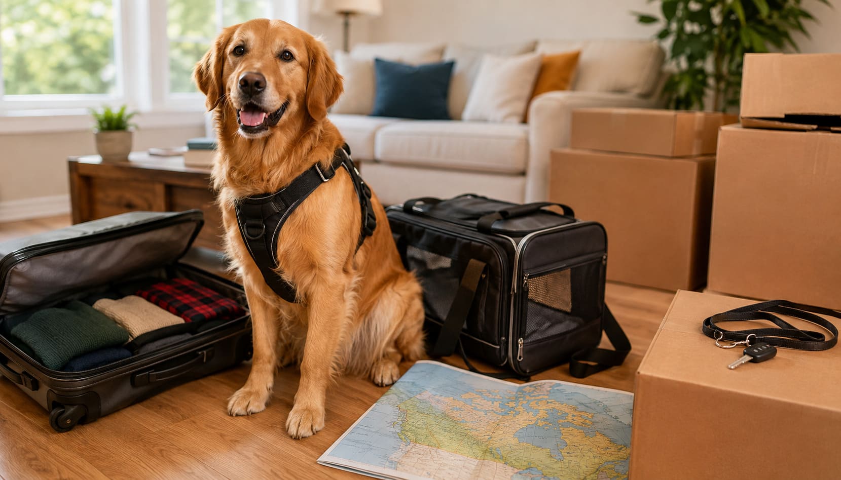 Dog sitting beside a travel bag, a cabin carrier and a road map while packing for a move across Canada