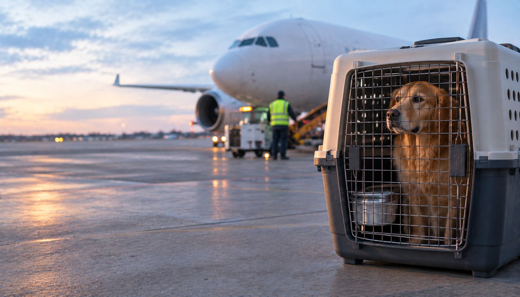 Dog in an airline kennel on the ramp before an early morning flight