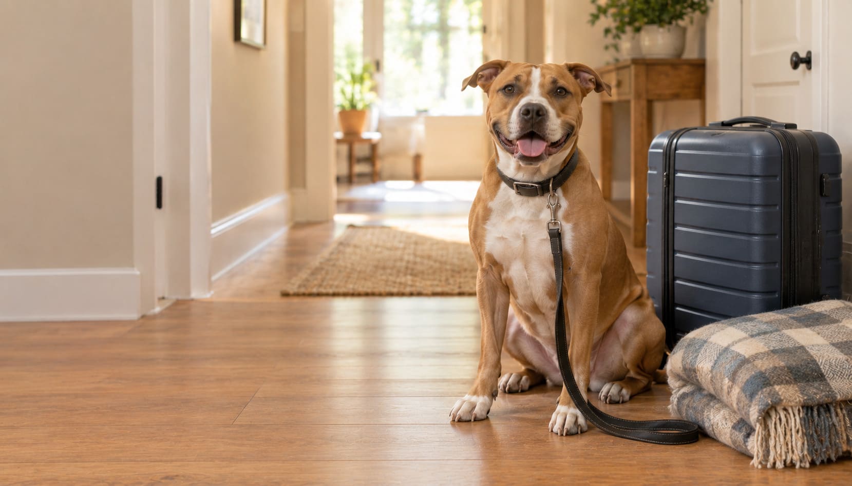 Short-coated bull-type dog sitting calmly on a leash beside a packed suitcase