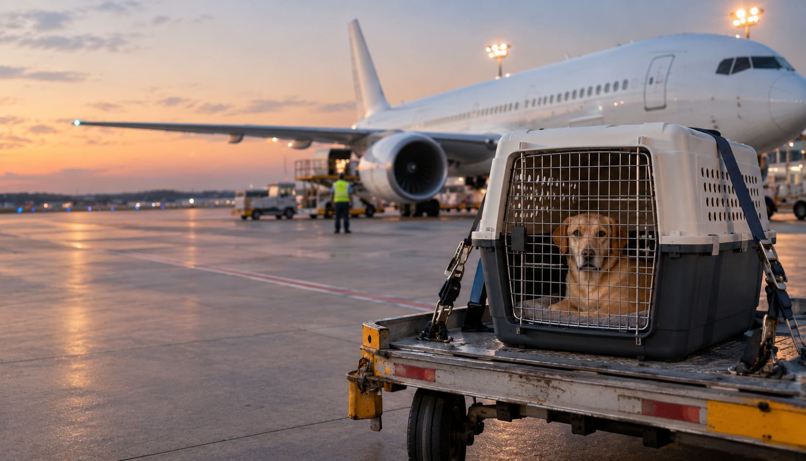 Dog in a hard-sided travel kennel on a baggage cart on an airport ramp at dusk