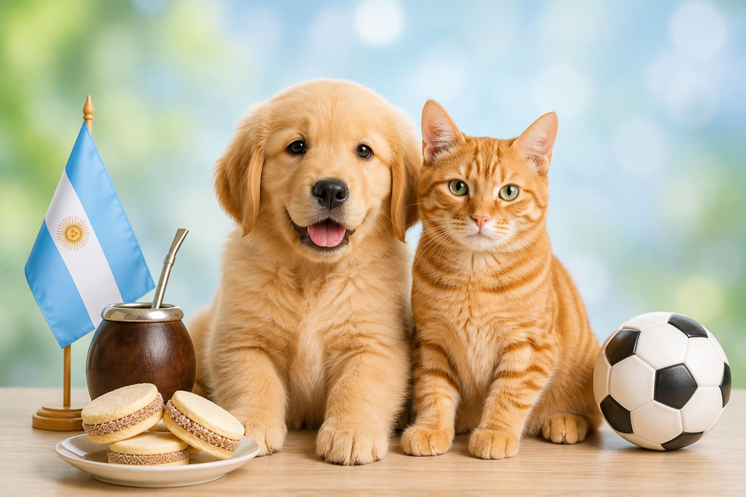 Dog and cat sitting together with Argentine items and a small flag, for pet shipping from Canada to Argentina