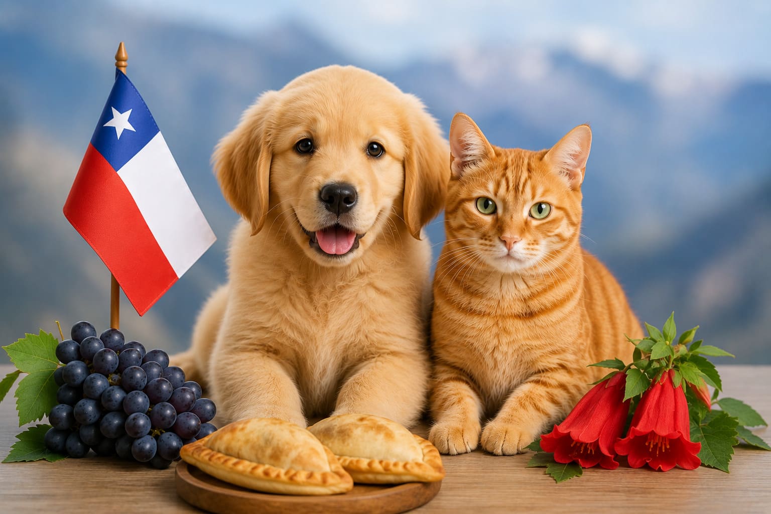 Dog and cat sitting together with Chilean items and a small flag, for pet shipping from Canada to Chile