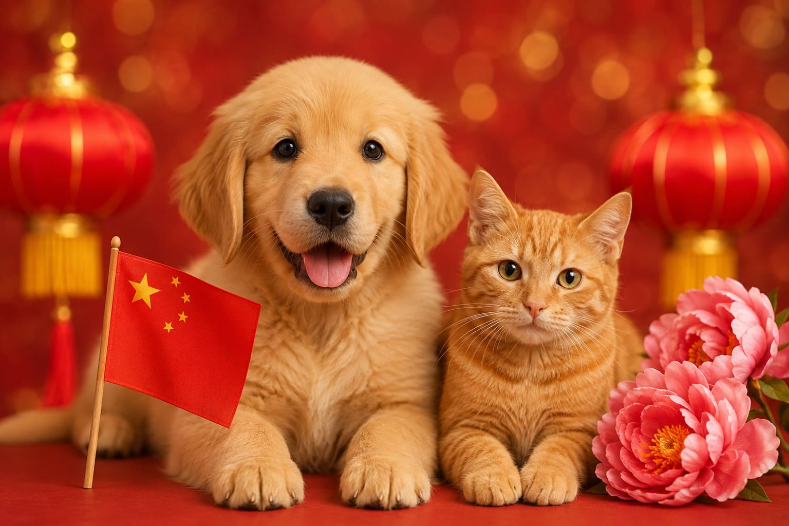 Dog and cat sitting together with Chinese items and a small flag, for pet shipping from Canada to China