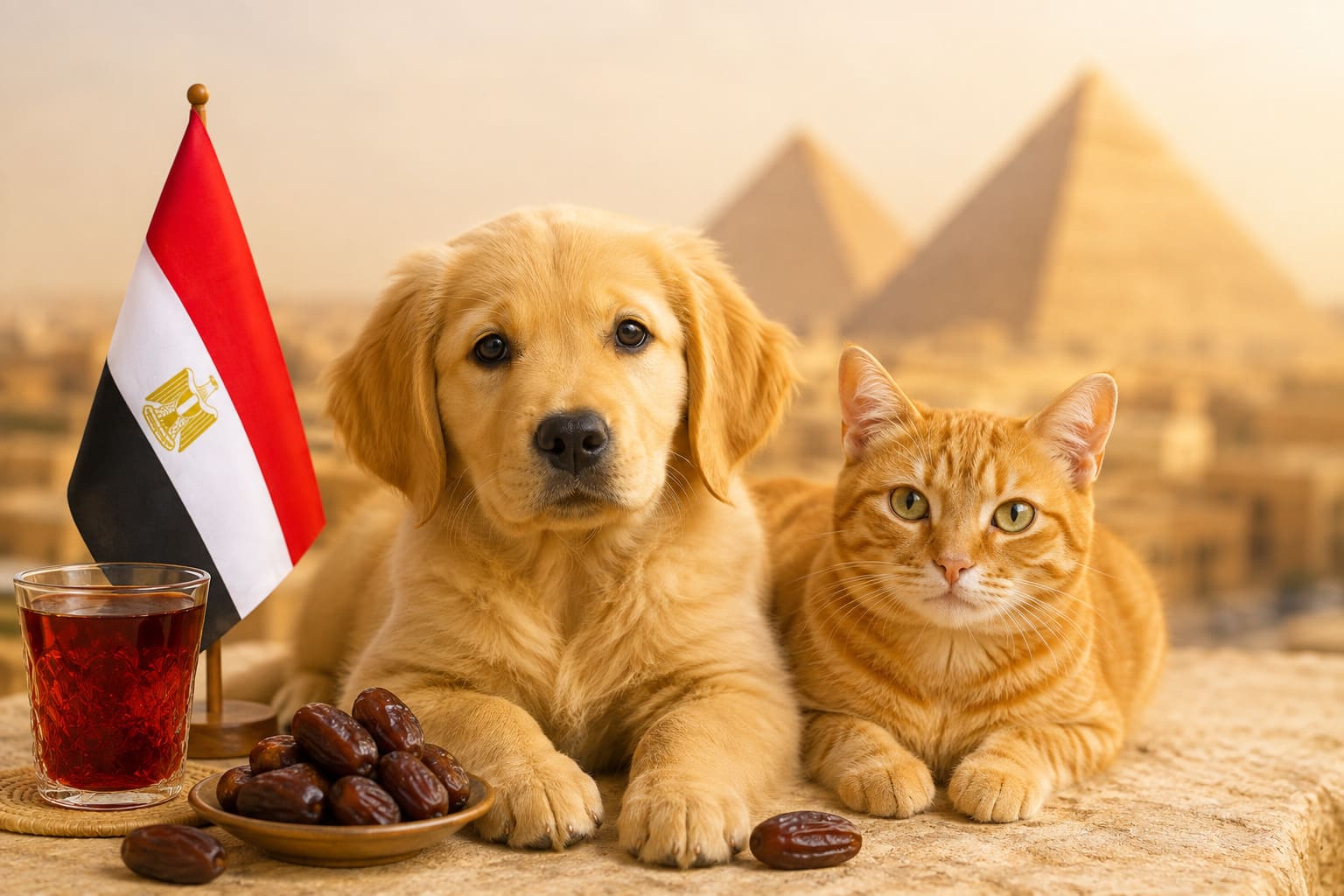 Dog and cat sitting together with Egyptian items and a small flag, for pet shipping from Canada to Egypt