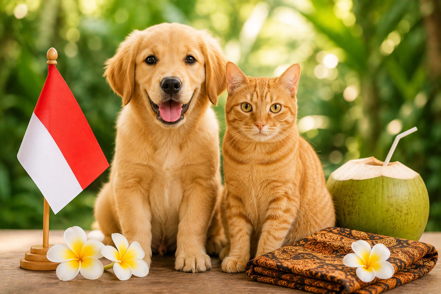 Dog and cat sitting together with Indonesian items and a small flag, for pet shipping from Canada to Indonesia