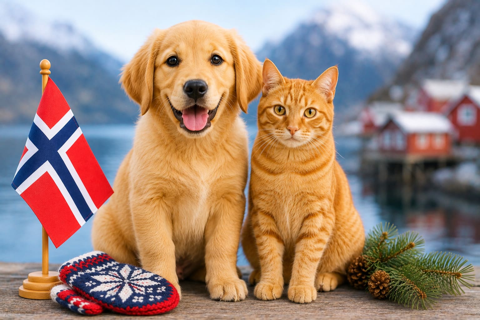 Dog and cat sitting together with Norwegian items and a small flag, for pet shipping from Canada to Norway
