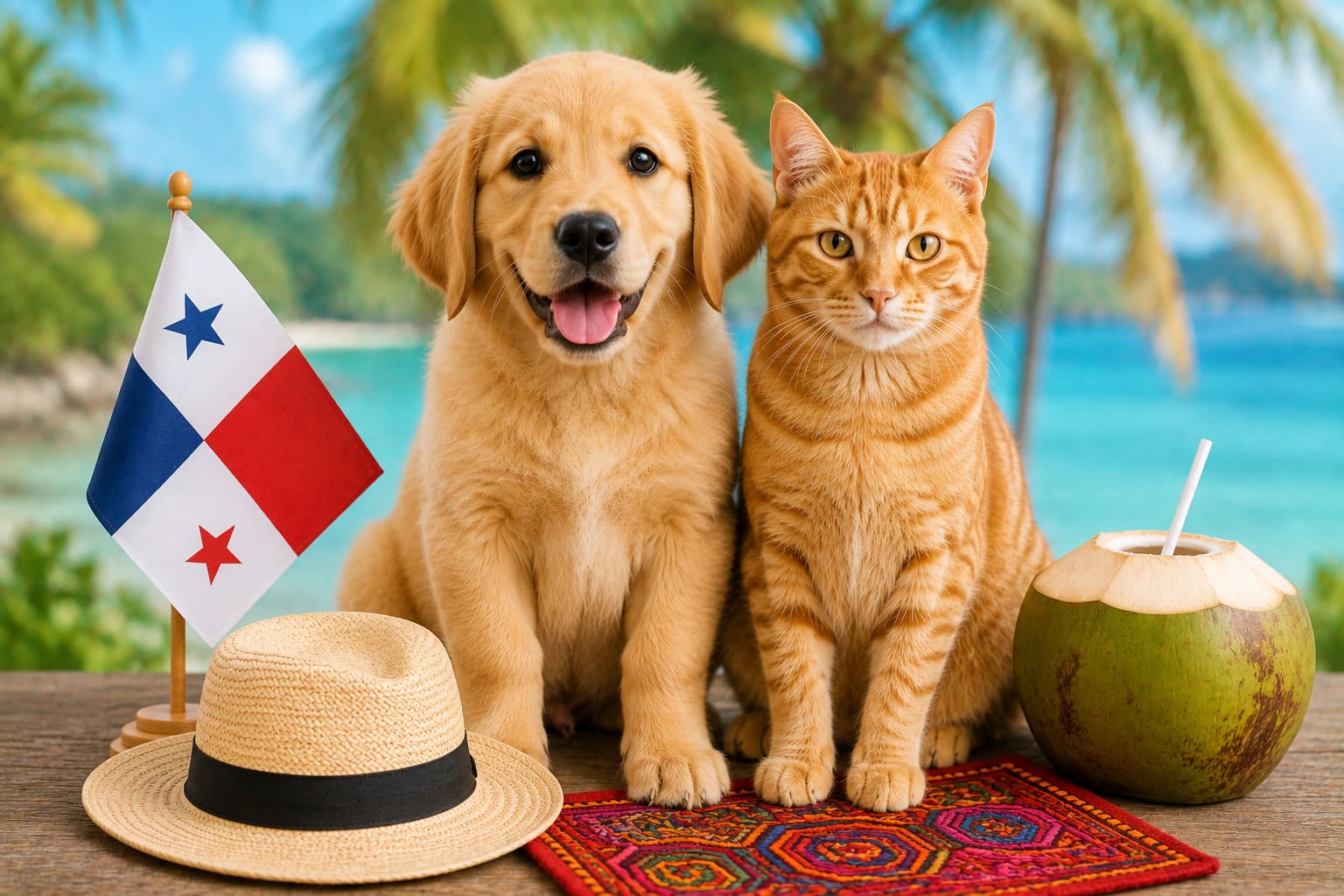 Dog and cat sitting together with Panamanian items and a small flag, for pet shipping from Canada to Panama