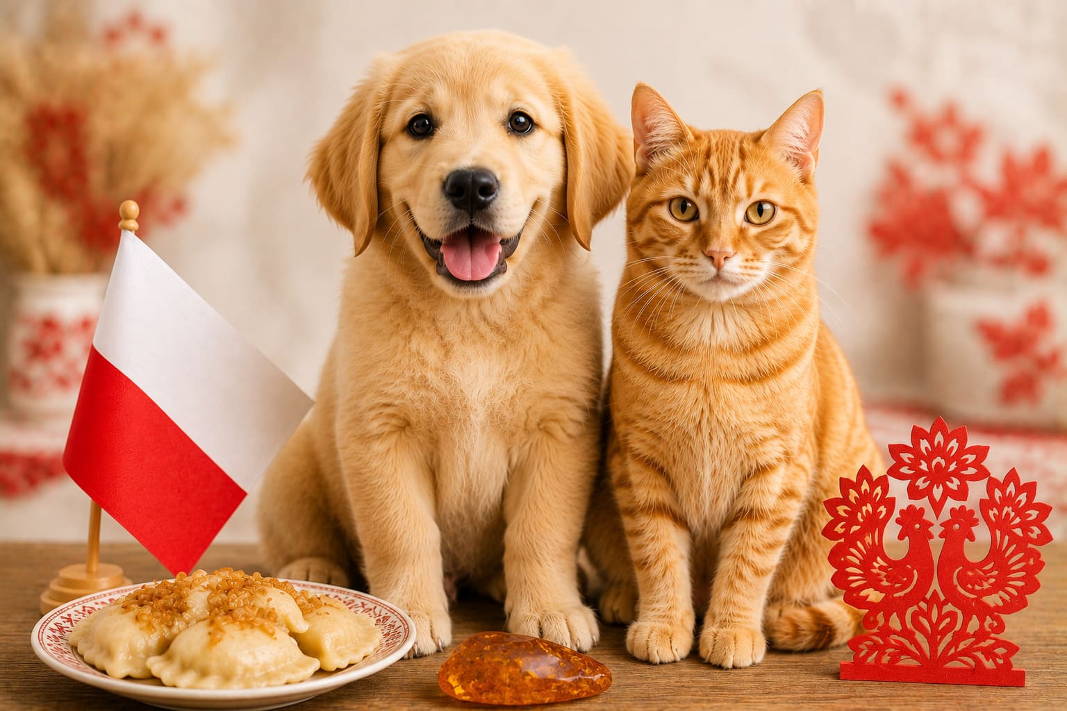 Dog and cat sitting together with Polish items and a small flag, for pet shipping from Canada to Poland