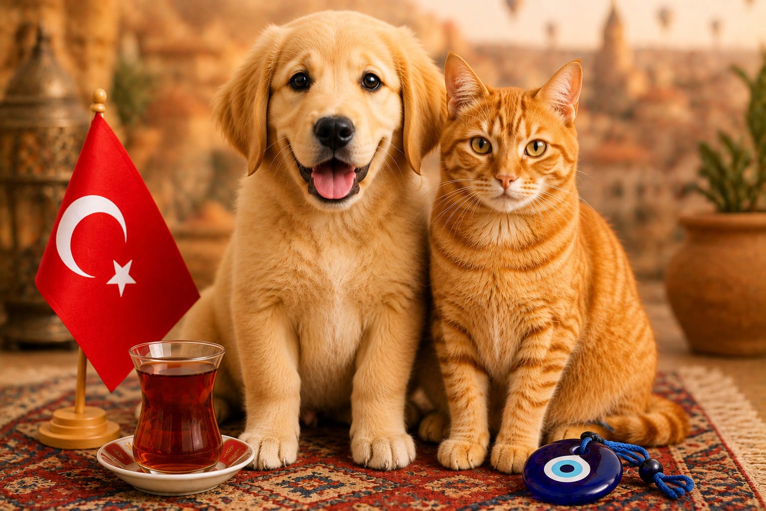 Dog and cat sitting together with Turkish items and a small flag, for pet shipping from Canada to Turkey