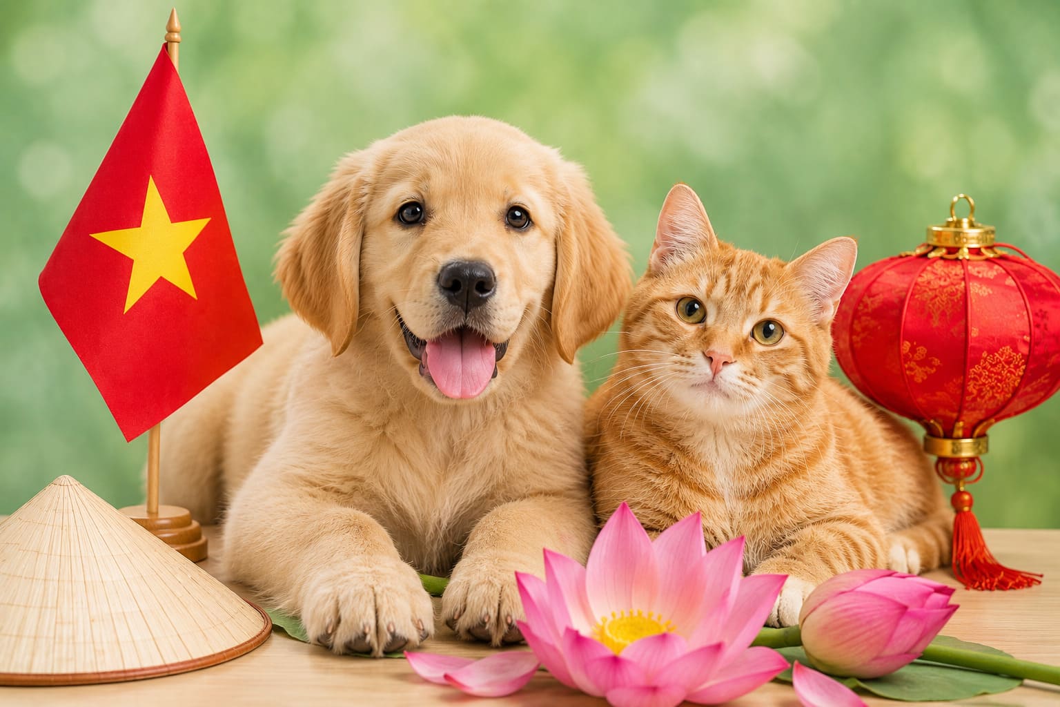 Dog and cat sitting together with Vietnamese items and a small flag, for pet shipping from Canada to Vietnam