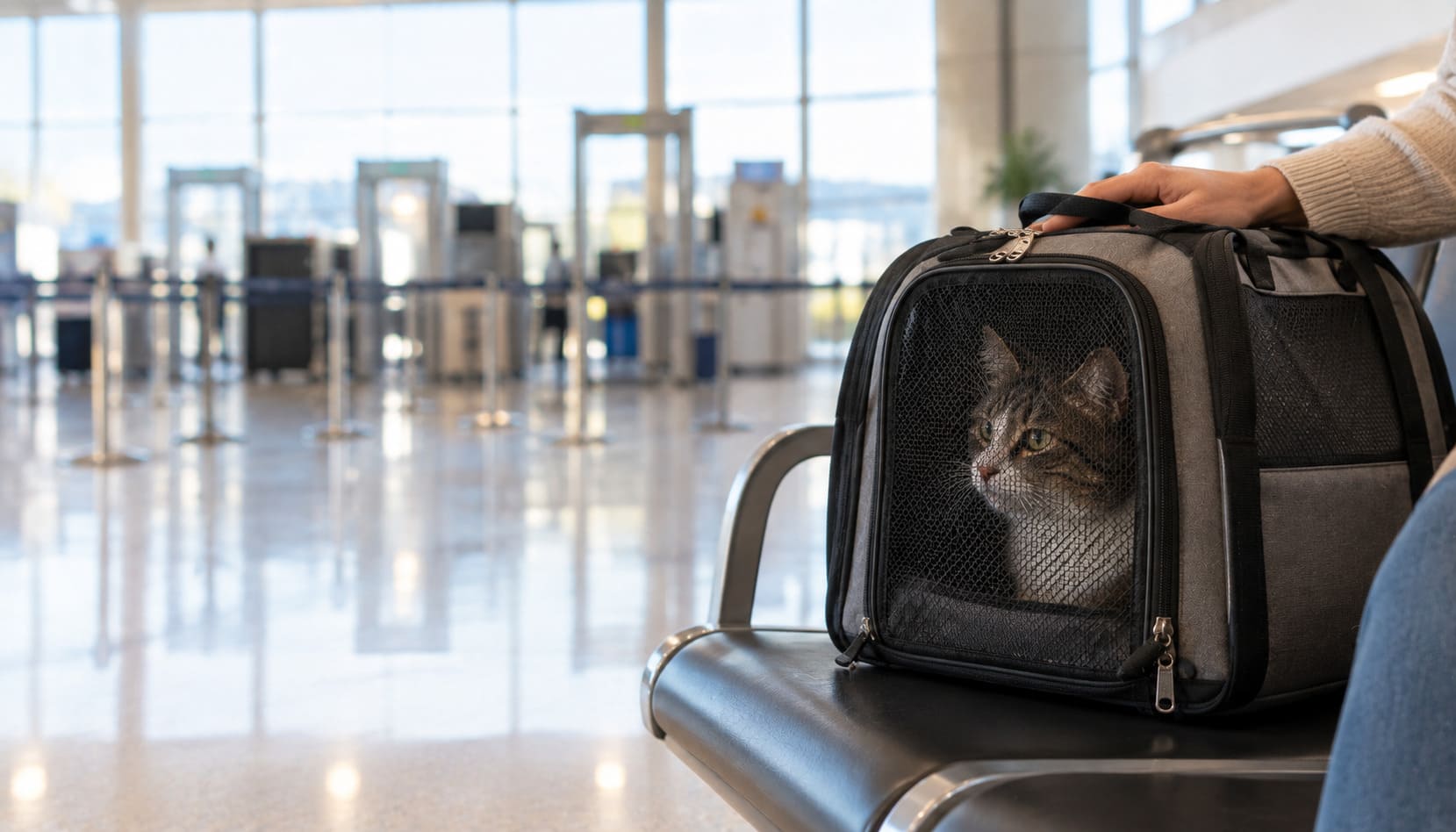Cat in a soft carrier on an airport bench with a hand resting on the mesh