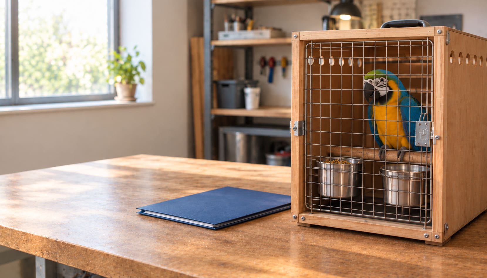 Parrot inside a wooden-framed travel crate with feed and water cups fitted
