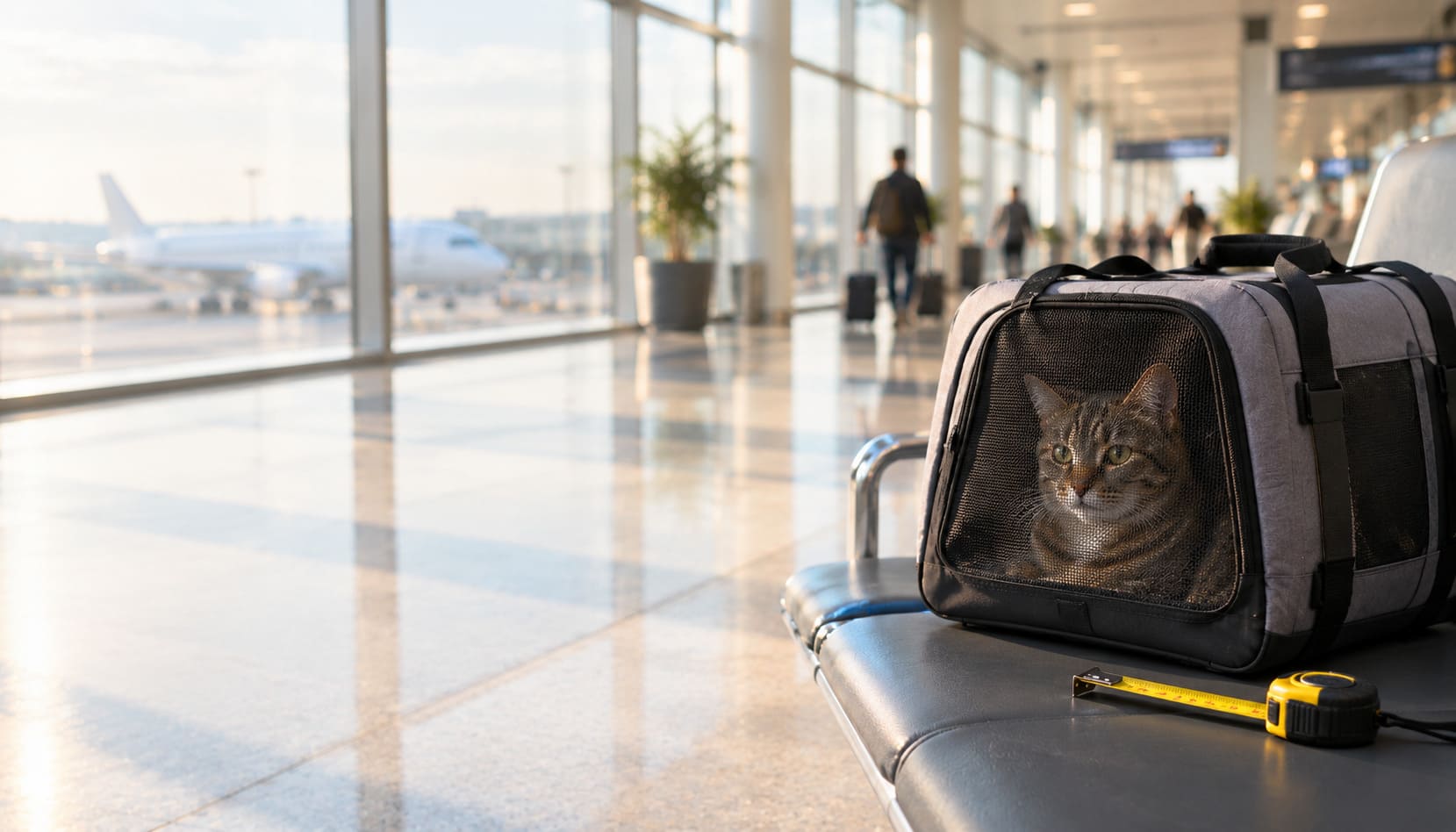 Cat in a soft-sided carrier on a terminal bench beside a tape measure