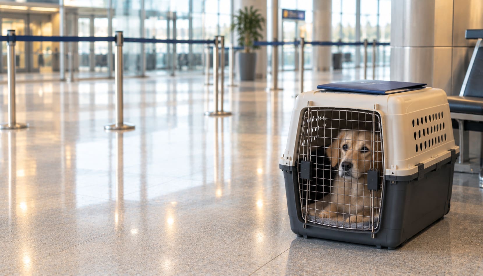 Dog waiting in a travel kennel in an arrivals hall with a closed folder on top