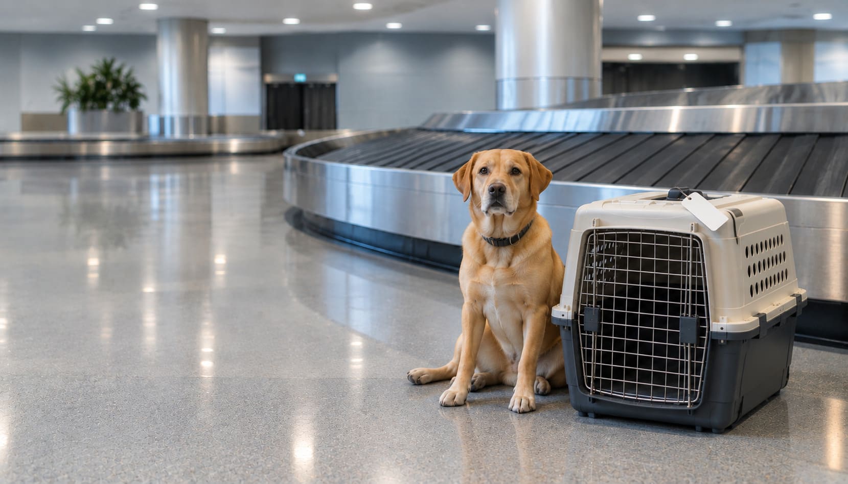 Dog beside a travel kennel with a luggage tag, in an empty baggage claim hall