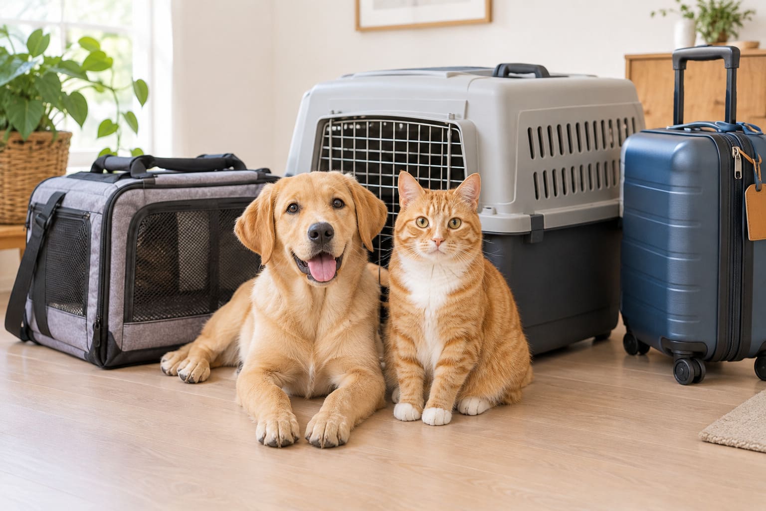 A dog and a cat beside a soft cabin carrier and a hard travel crate next to a packed suitcase