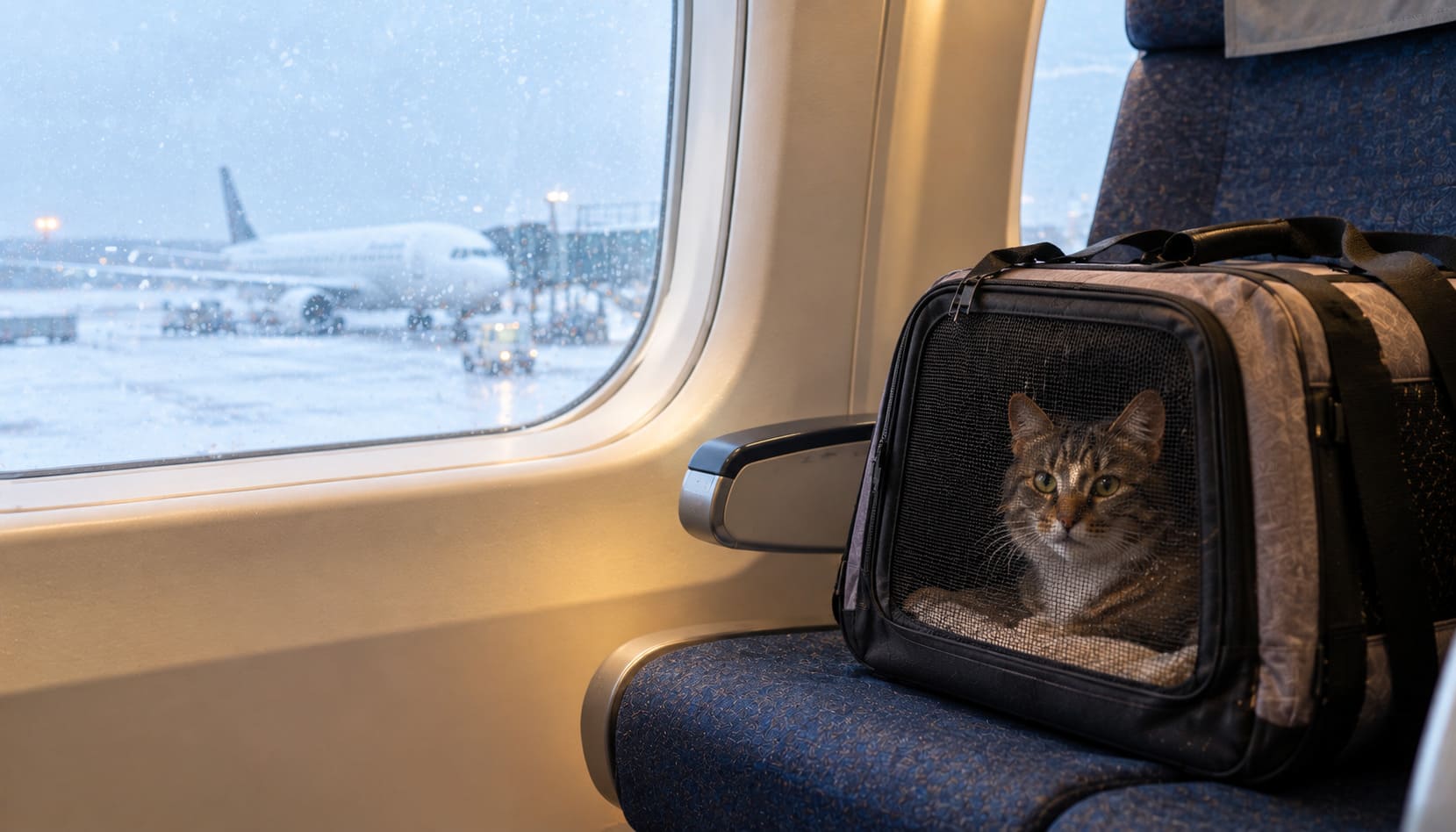 Cat in a soft carrier on an aircraft seat beside a window with snow outside