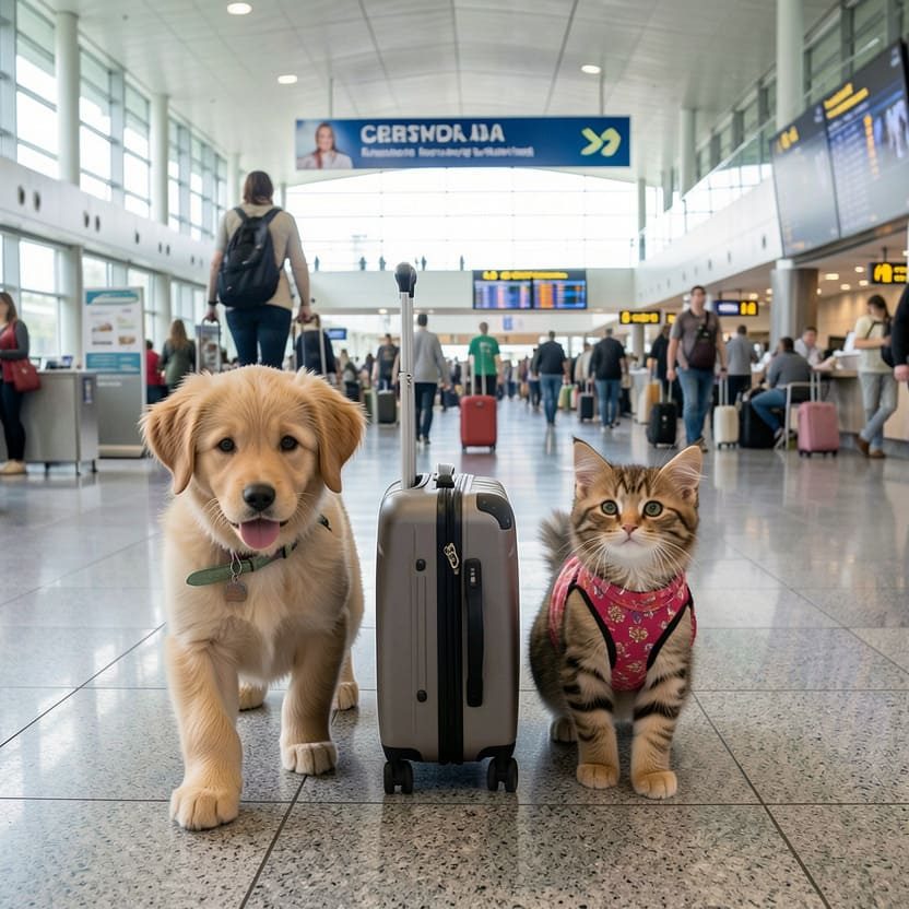 Dog and cat at Halifax airport preparing for professional pet transportation