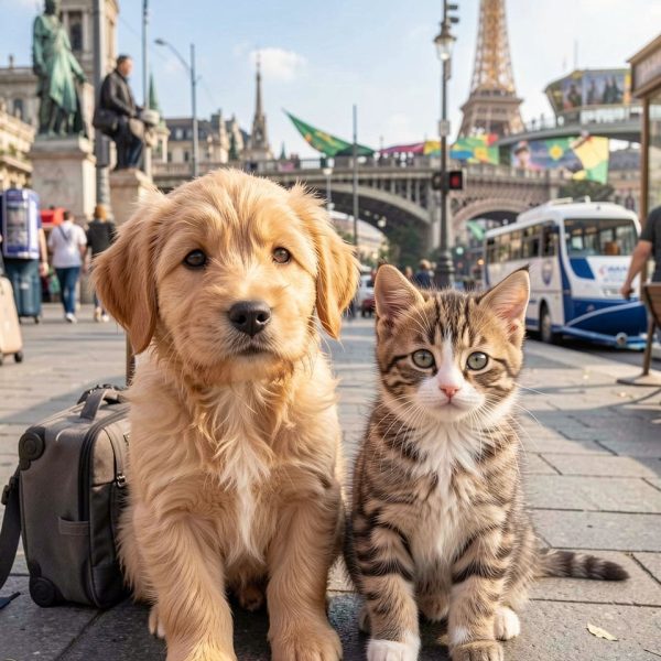 Dog and cat traveling together during an international pet relocation