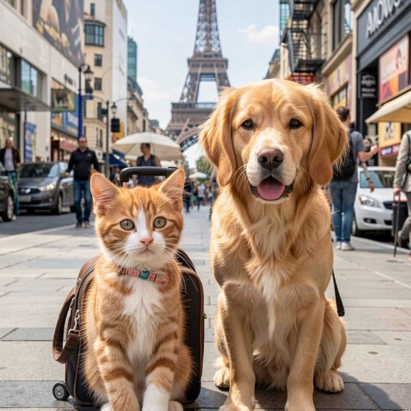 Dog and cat traveling together during international pet relocation to Europe